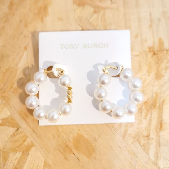 NEW Tory Burch Kira Pearl Hoop Earrings Gold - Picture 2 of 5